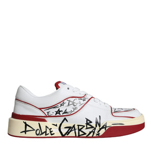 Dolce & Gabbana Red White Printed Leather Low Top Men Sneakers Shoes