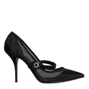 Dolce & Gabbana Black Mesh Mary Jane Crystal Heel Pumps Shoes