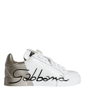 Dolce &amp; Gabbana White Gold Portofino Low Top Leather Sneakers Shoes