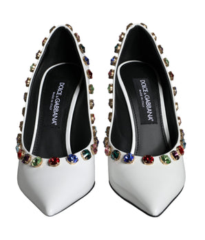 Dolce &amp; Gabbana White Crystal Leather High Heels Pumps Shoes