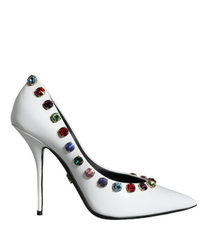 Dolce &amp; Gabbana White Crystal Leather High Heels Pumps Shoes