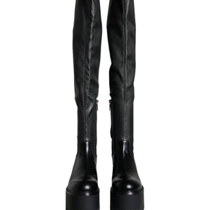 Dolce & Gabbana Black Leather Logo Knee High Boots Shoes