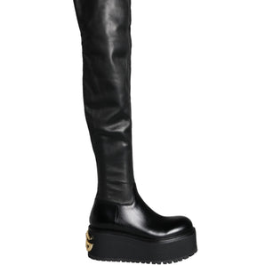 Dolce & Gabbana Black Leather Logo Knee High Boots Shoes