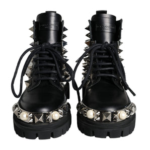 Dolce & Gabbana Black Leather Studs Embellished Combat Boots Shoes