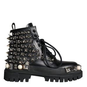 Dolce & Gabbana Black Leather Studs Embellished Combat Boots Shoes