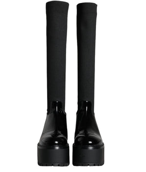 Dolce & Gabbana Black Leather Jersey Knee High Boots Shoes