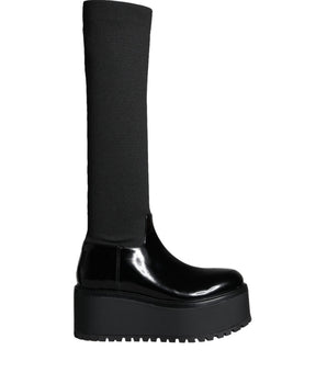 Dolce & Gabbana Black Leather Jersey Knee High Boots Shoes