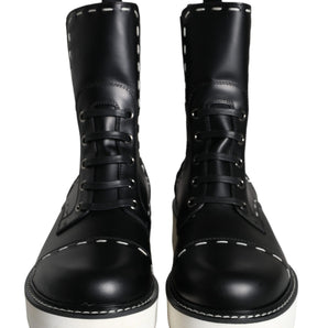 Dolce & Gabbana Black Leather Combat Mid Calf Boots Shoes