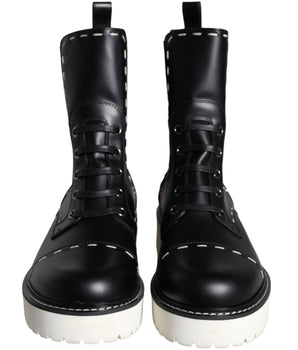 Dolce & Gabbana Black Leather Combat Mid Calf Boots Shoes