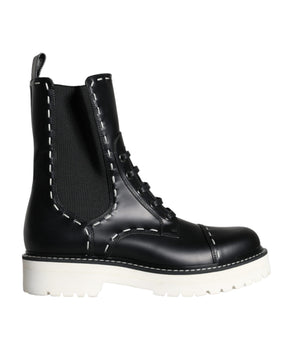 Dolce & Gabbana Black Leather Combat Mid Calf Boots Shoes