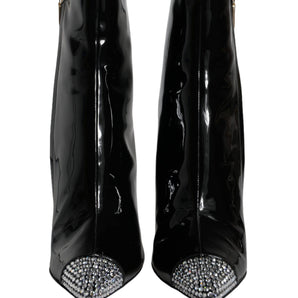 Dolce & Gabbana Black Patent Leather Crystal Heel Boots Shoes