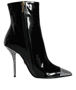 Dolce &amp; Gabbana Black Patent Leather Crystal Heel Boots Shoes