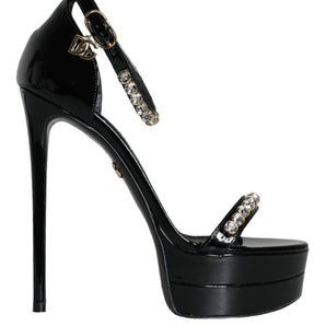 Dolce & Gabbana Black Keira Leather Crystals Sandals Heels Shoes