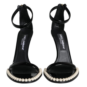 Dolce & Gabbana Black Keira Leather Faux Pearl Sandals Heels Shoes