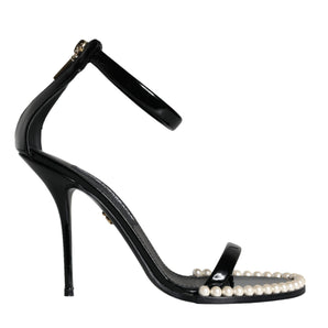 Dolce & Gabbana Black Keira Leather Faux Pearl Sandals Heels Shoes