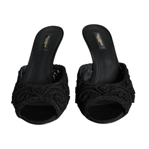 Dolce & Gabbana Black Keira Cordonetto Heels Slides Shoes