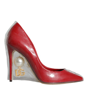 Dolce & Gabbana Red Patent Leather Faux Pearl Heels Pumps Shoes