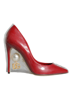 Dolce & Gabbana Red Patent Leather Faux Pearl Heels Pumps Shoes