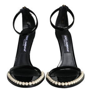 Dolce & Gabbana Black Keira Leather Faux Pearl Sandals Heels Shoes