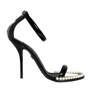 Dolce & Gabbana Black Keira Leather Faux Pearl Sandals Heels Shoes