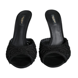 Dolce & Gabbana Black Keira Cordonetto Heels Slides Shoes