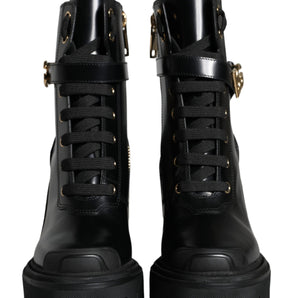 Dolce & Gabbana Black Calf Leather Logo Trekking Biker Boots Shoes