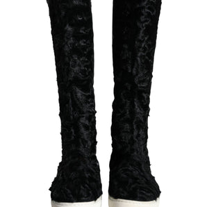 Dolce & Gabbana Black Xiangao Lamb Fur Leather Boots Shoes