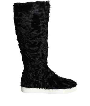 Dolce & Gabbana Black Xiangao Lamb Fur Leather Boots Shoes
