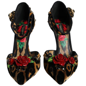 Dolce & Gabbana Brown Leopard Floral Crystal Ankle Strap Pumps Shoes