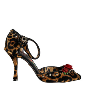 Dolce & Gabbana Brown Leopard Floral Crystal Ankle Strap Pumps Shoes