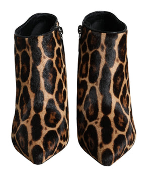 Dolce &amp; Gabbana Brown Leopard Calf Fur Heels Ankle Boots Shoes