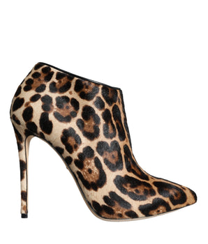Dolce &amp; Gabbana Brown Leopard Calf Fur Heels Ankle Boots Shoes
