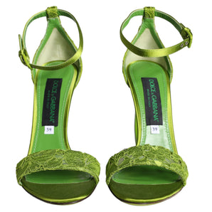 Dolce & Gabbana Green Lace Logo Heels Ankle Strap Sandals Shoes