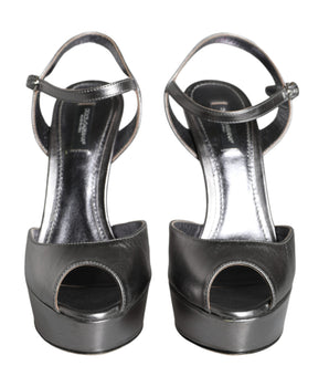 Dolce & Gabbana Metallic Silver Leather Keira Platform Sandals Shoes