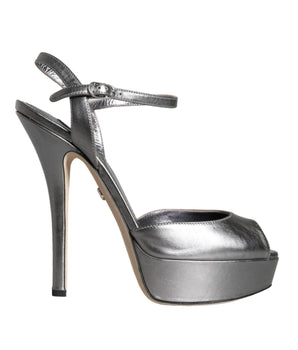 Dolce & Gabbana Metallic Silver Leather Keira Platform Sandals Shoes