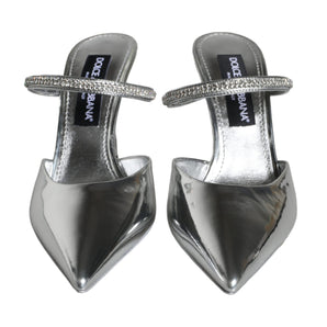 Dolce & Gabbana Silver Crystal Leather Slip On Sandals Shoes