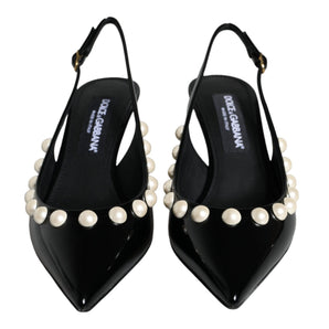 Dolce & Gabbana Black Leather Faux Pearl Heel Slingback Shoes