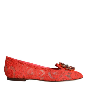 Dolce & Gabbana Coral Lace Crystal Ballet Flats Loafers Shoes