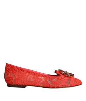 Dolce & Gabbana Coral Lace Crystal Ballet Flats Loafers Shoes