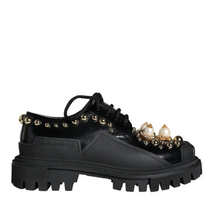 Dolce & Gabbana Black Leather Trekking Derby Embellished Shoes