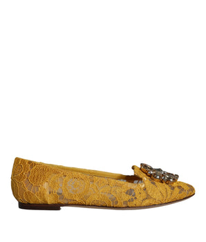 Dolce & Gabbana Mustard Lace Crystal Ballet Flats Loafer Shoes