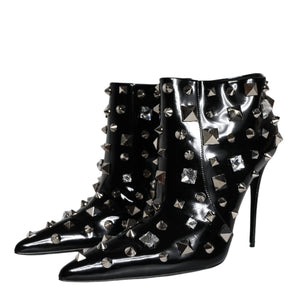 Dolce & Gabbana Black Leather Studs Crystal Ankle Boots Shoes