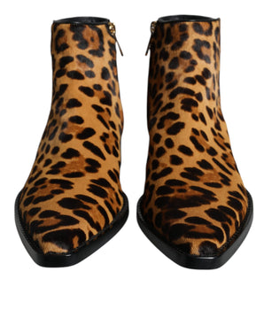 Dolce & Gabbana Brown Leopard Calf Fur Ankle Boots Shoes