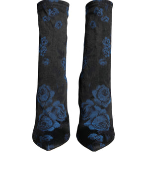 Dolce &amp; Gabbana Black Floral Stretch Mid Calf Boots Shoes
