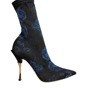 Dolce & Gabbana Black Floral Stretch Mid Calf Boots Shoes