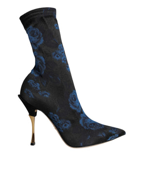 Dolce &amp; Gabbana Black Floral Stretch Mid Calf Boots Shoes