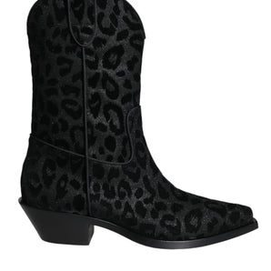 Dolce & Gabbana Black Gray Leopard Cowboy Boots Shoes