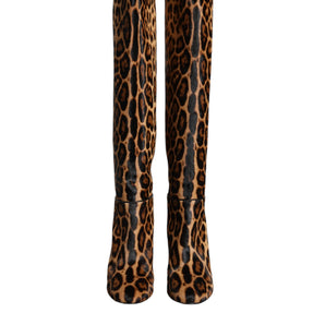 Dolce & Gabbana Beige Black Leopard Knee High Boots Shoes