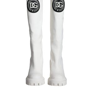 Dolce & Gabbana White Cotton Logo Heels Knee High Boots Shoes