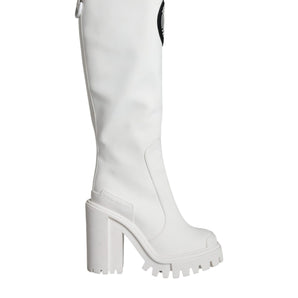 Dolce & Gabbana White Cotton Logo Heels Knee High Boots Shoes